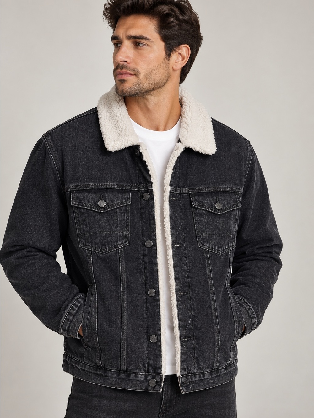 Sunrise Kingdom XL Black Denim Sherpa Lined Jacket Trucker Faux Fur Collar